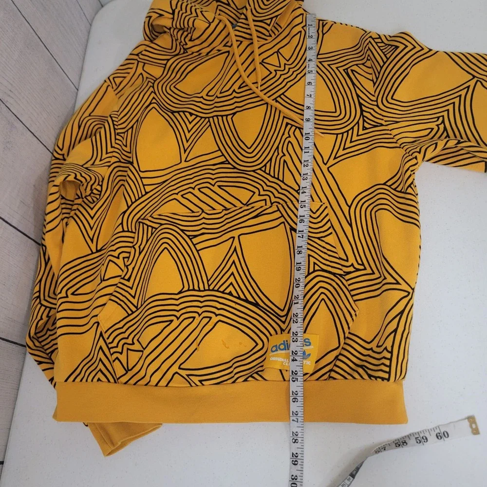 Adidas Large Hoodie Mens Yellow Black Trefoil All Over Print Graphic Pullover